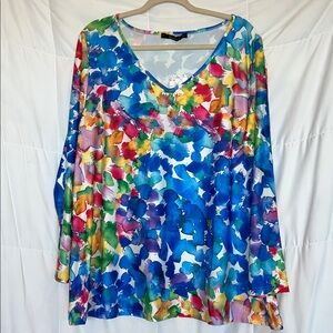 NWT Sakurafina Vibrant watercolor floral print V-neck Stretch Blouse size 1XL